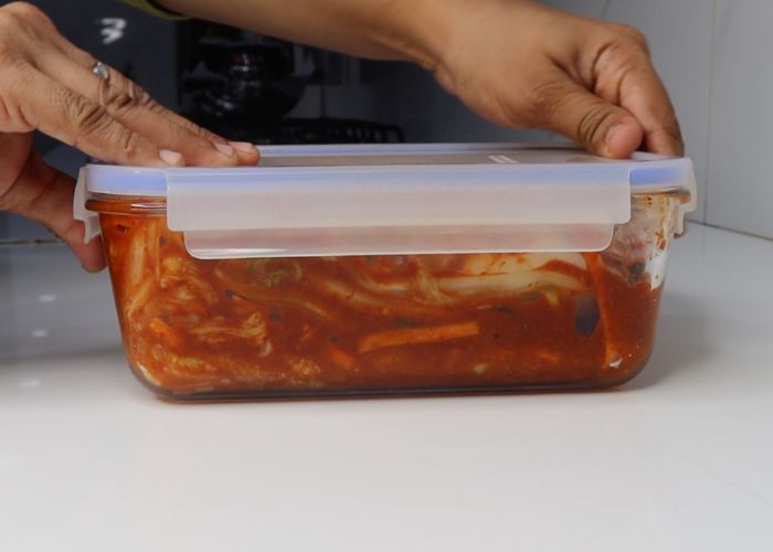 kimchi packed in container